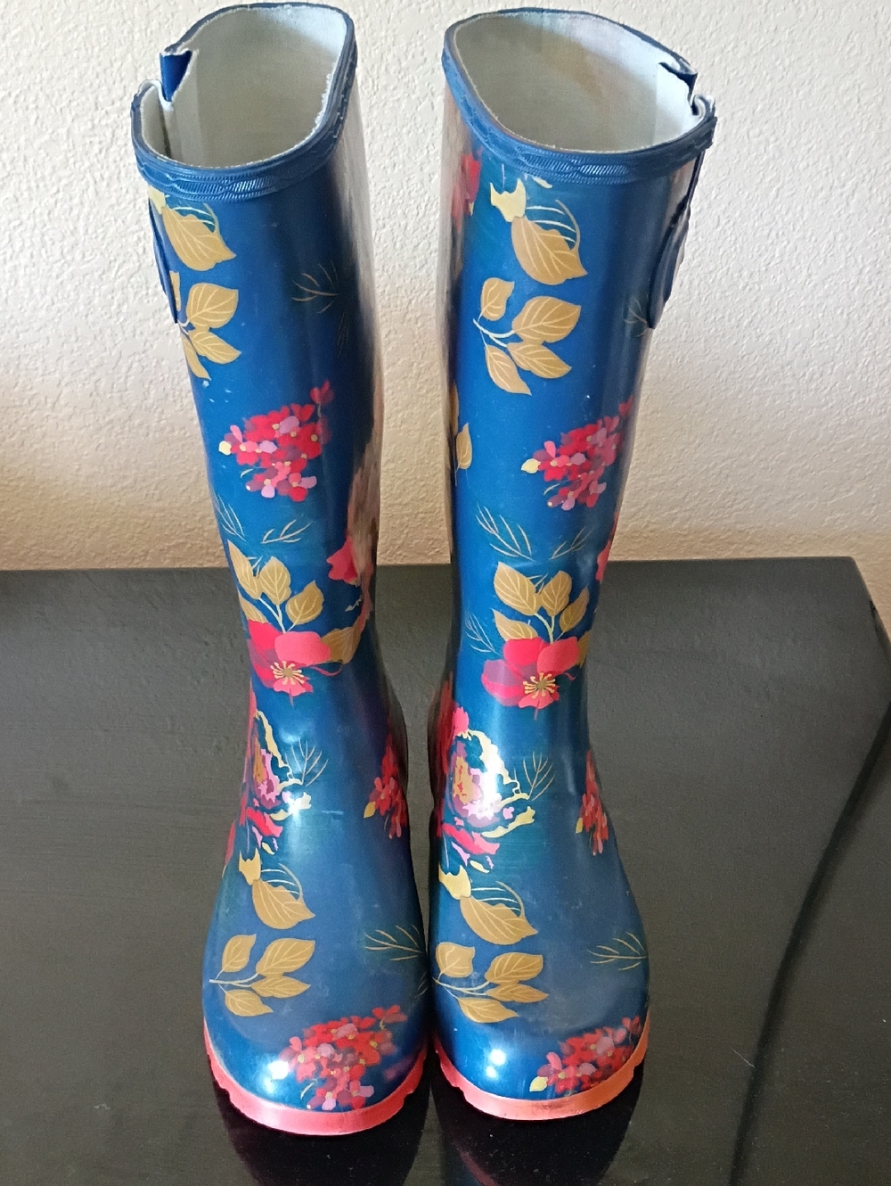 Juicy Couture Navy Floral Rain Boots with Pink & Gold Accents